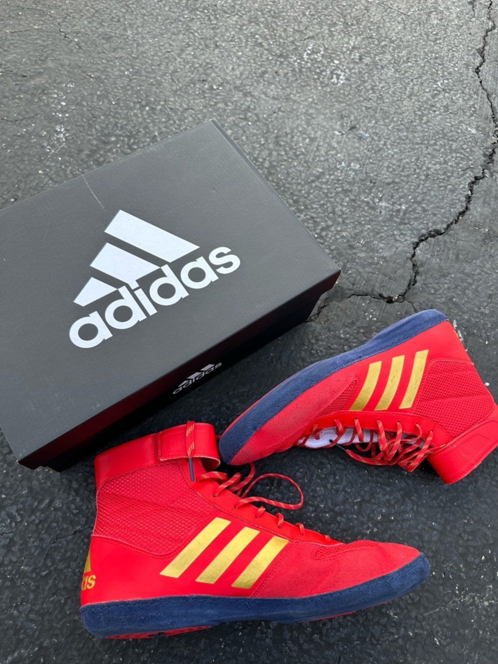 adidas Red High-Top Wrestling Shoes with Yellow Stripes